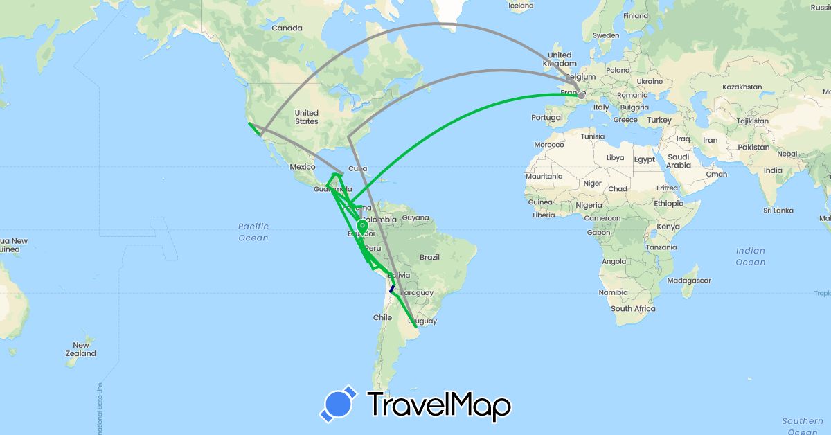 TravelMap itinerary: driving, bus, plane in Argentina, Bolivia, Chile, Costa Rica, Ecuador, France, Guatemala, Mexico, Panama, Peru, United States (Europe, North America, South America)
